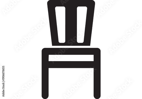 Chair icon with simple geometric backrest and seat silhouette, bold black pictogram symbol for furniture, interior design, seating concept, app UI and signage