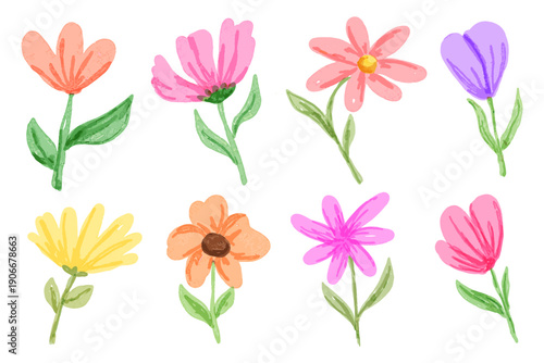 Beautiful watercolor flowers collection in different various featured pink flower, orange, red, yellow and purple tulip flower with green leaves suitable for template design and spring themes.