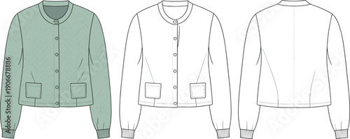 ardigan CAD fashion sketch, button-up front view, pocket detail, back design, vector apparel drawing, stylish knitwear garment illustration