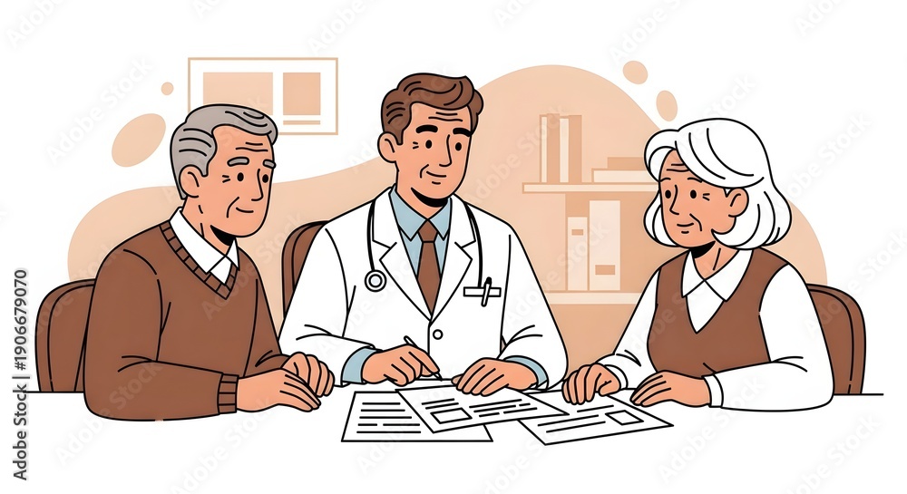 Fototapeta premium Doctor reviews important medical documents and insurance forms with a smiling elderly couple seated across the desk.