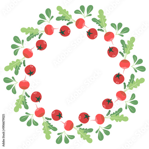 Round frame with radishes and tomatoes. Hand-drawn colorful lettuce leaves, vegetables, and kitchen utensils. Healthy organic produce. Fresh, healthy vegetables.
