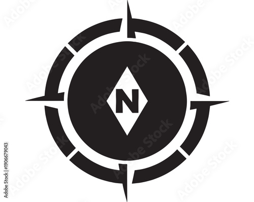 Compass black minimalist icon with north direction marker and circular frame featuring navigation, simple, symbol with signage and cartography elements for navigation tool, graphic design projects,