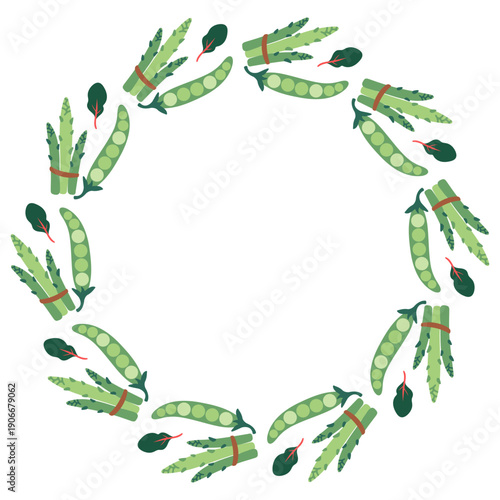 Round frame with pea pods and asparagus. Hand-drawn colorful lettuce leaves, vegetables, and kitchen utensils. Healthy organic produce. Fresh, healthy vegetables.