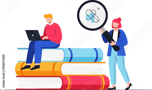 Vector illustration of two people studying, one on a laptop sitting on books, another holding a magnifying glass, isolated on white