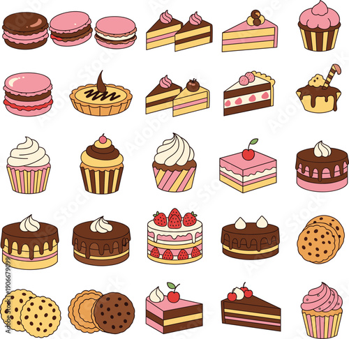 Cute dessert and bakery sweets set with cakes cupcakes macarons cookies and pastries flat vector illustration