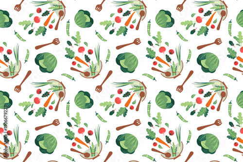 Seamless pattern with a variety of vegetables and kitchen utensils. Hand-drawn colorful salad leaves, vegetables, and kitchen utensils. Healthy organic produce. Fresh, healthy vegetables.