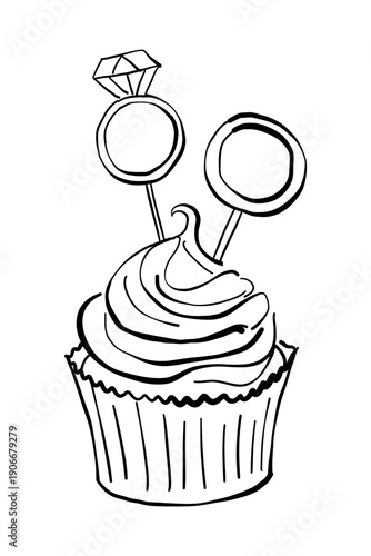 Doodle wedding cupcake illustration. Vintage hand drawn ink invitation and place card design element.
