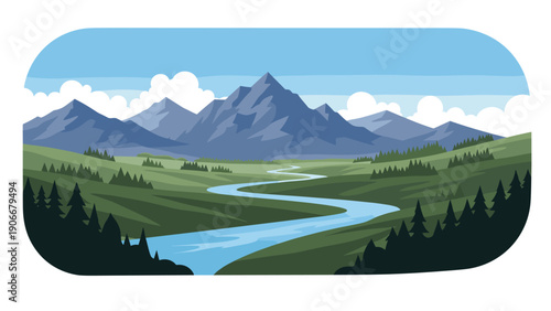 Scenic view of a winding blue river flowing through a lush green valley toward distant mountain peaks under a blue sky.