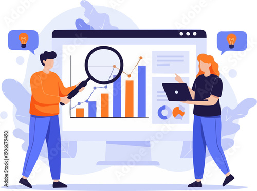 Data analysis vector illustration with two people, magnifying glass, laptop, and bar charts on a monitor screen, for business analytics and marketing
