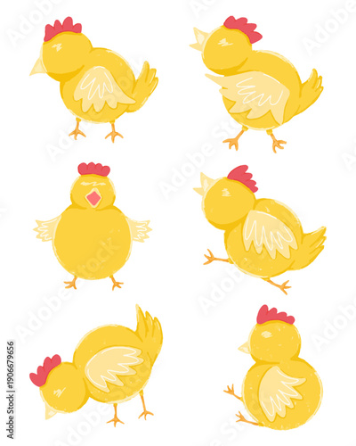 Hand drawn of cute chicken collection in playful poses, adorable yellow chicks illustration isolated.