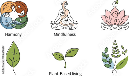 Zen Lifestyle Icons: Harmony, Mindfulness, Meditation, Plant-Based Living