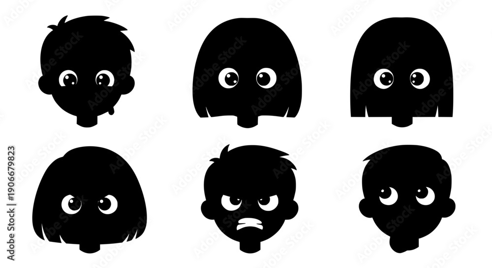 Obraz premium Collection of Children Avatar Silhouettes with Detailed Eyes Expressing Various Emotions Including Anger, Curiosity, and Happiness for Educational Psychology and Profile Icon Designs