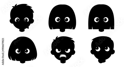 Collection of Children Avatar Silhouettes with Detailed Eyes Expressing Various Emotions Including Anger, Curiosity, and Happiness for Educational Psychology and Profile Icon Designs