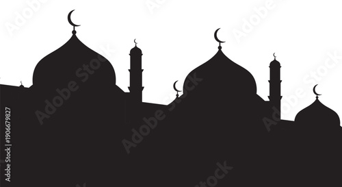 Mosque Silhouette with Crescent Moons at Night in Minimalist Style