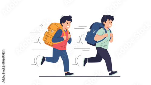 Two young students with backpacks running fast down the sidewalk on their way to school during a sunny morning.