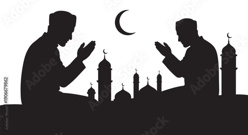 Muslim men praying under crescent moon with mosque silhouette