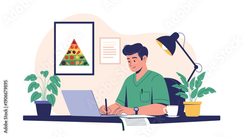 Male doctor or nutritionist sitting at a desk and writing notes while working on a laptop with a food pyramid chart.
