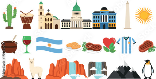 Argentina landmarks and cultural icons set with architecture nature food and national symbols