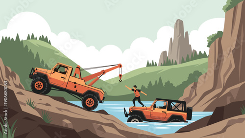 Heavy-duty tow truck recovering an off-road vehicle from a river in a rugged and mountainous outdoor landscape.