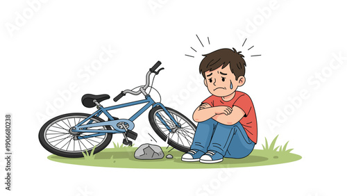 Sad young boy sitting on the grass next to his broken bicycle with a flat tire and looking unhappy about the situation.