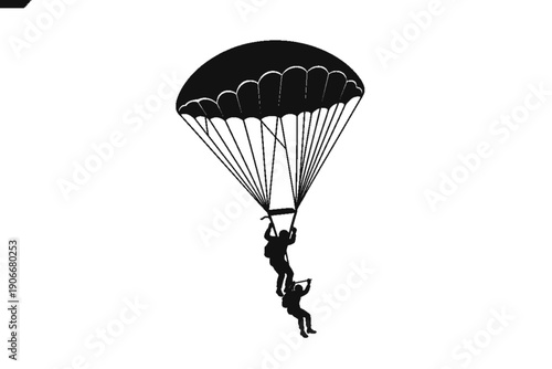 Soaring Through the Sky: Silhouetted figures descend gracefully beneath the vast canopy of a parachute, embodying the thrill and freedom of flight.