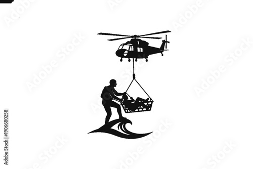 Rescue operation in progress: A helicopter hoists a rescue basket with an individual, the image illustrates courage, selflessness, and the spirit of assistance. 