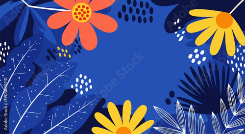 Vector floral frame with orange and yellow flowers, blue leaves, and white abstract dots on a dark blue background with copy space