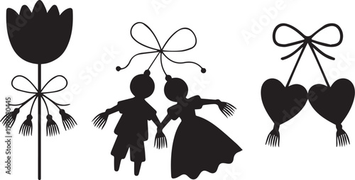 Black silhouette decorative motif set with flower bow tassels hearts traditional folk figures vector design