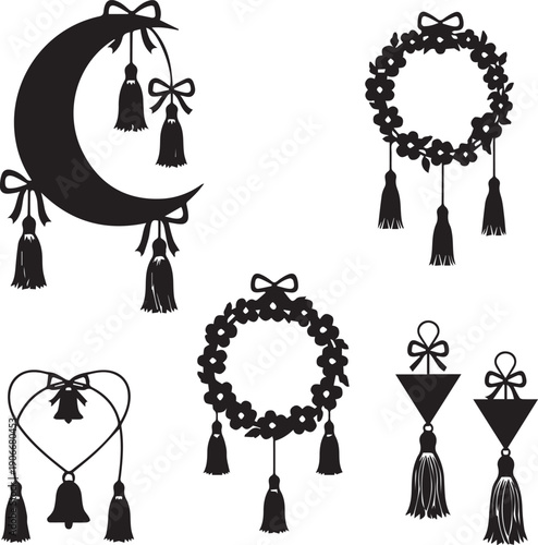 Black silhouette decorative ornament set with crescent moon floral wreath bell heart tassels vector design