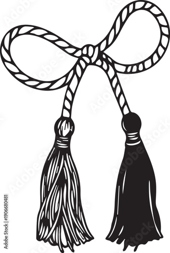 Black silhouette decorative cord bow illustration with tassels twisted rope ceremonial ornamental vector design