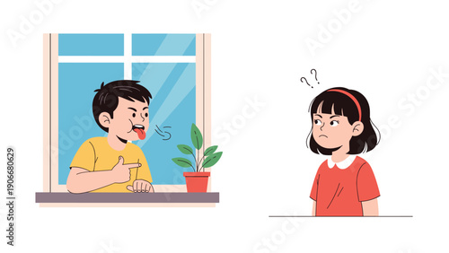 Mischievous boy sticking his tongue out and teasing a girl through a window while she looks on with annoyance.