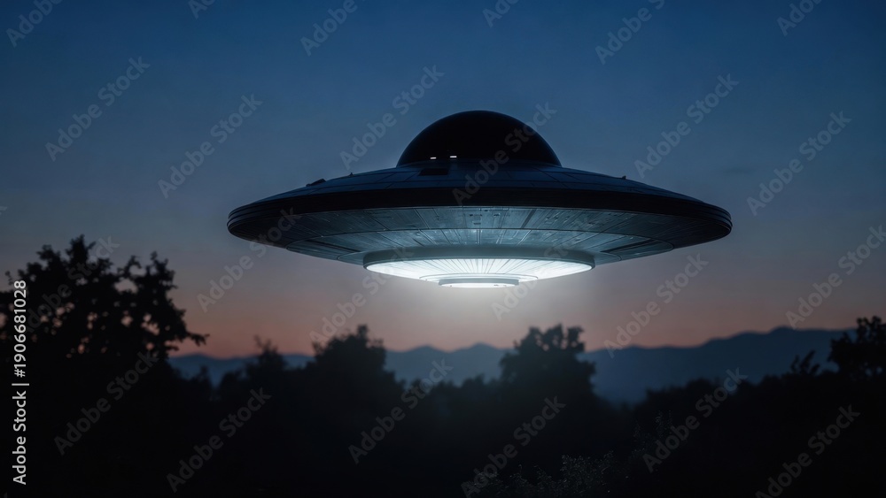 Obraz premium Mysterious flying saucer hovering over forest at dusk with glowing lights.