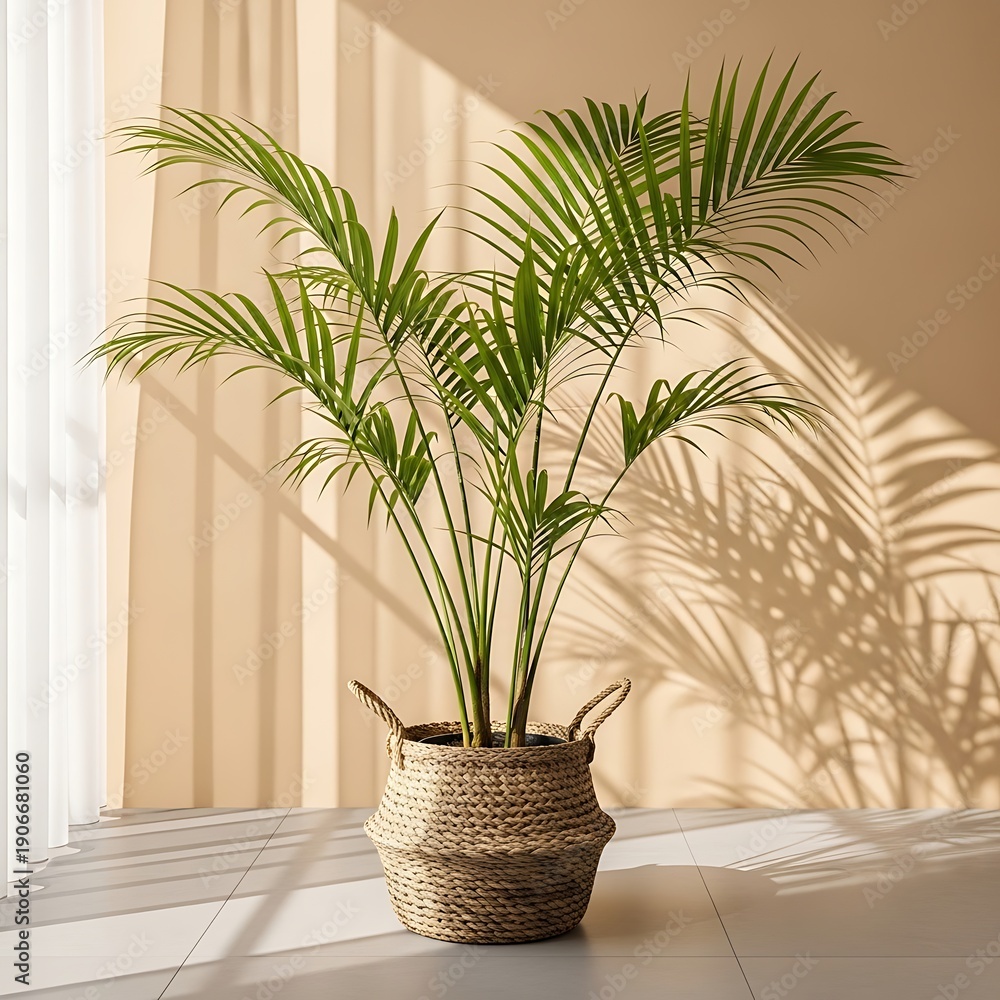 Fototapeta premium A potted palm plant sits in a bright room with a beige wall