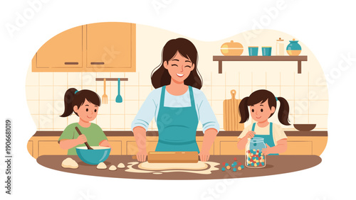 Mother and her two daughters having fun while baking together in a kitchen by rolling out dough and preparing various treats.