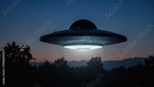 Mysterious flying saucer hovering over forest at dusk with glowing lights.