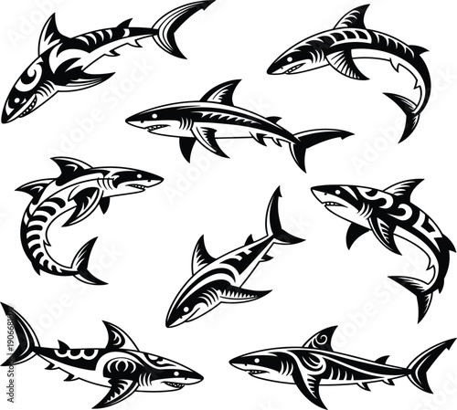 Tribal shark vector set, black ink sea animal silhouette for surfboard graphics and tattoo design