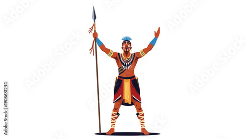 African tribal warrior standing proudly with a spear and arms raised high wearing traditional clothing and body paint.