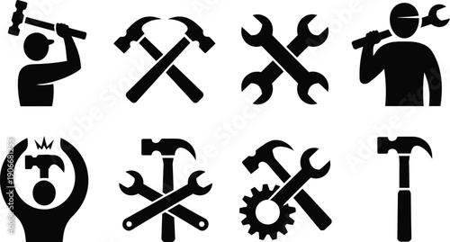 Collection of black and white construction and repair icons