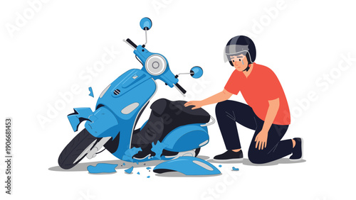Distraught man in a helmet kneeling beside his crashed blue motor scooter after a road accident on a white background.
