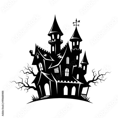 Silhouette of Spooky Haunted House for Halloween Parties and Horror Designs
