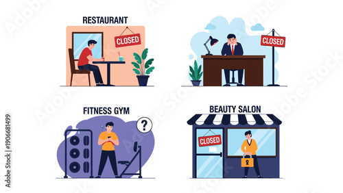 Set of illustrations depicting closed businesses including a restaurant office fitness gym and beauty salon due to lockdowns.