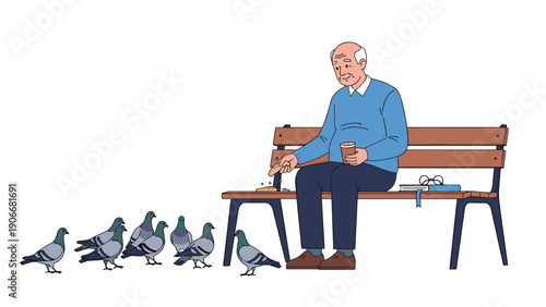 Elderly man sitting on a wooden park bench peacefully feeding a group of pigeons while holding a cup of coffee.