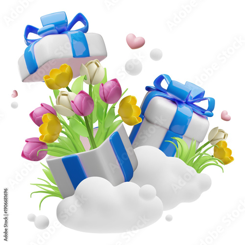 3D realistic bloom tulip flowers in open white gift box with blue bow. Romantic event present with hearts. Surprise boxes flying on clouds vector isolated. Holiday decoration. Birthday celebration