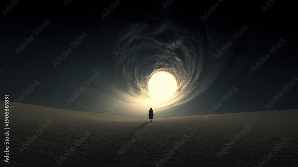 Naklejka premium A person stands on the vast, desert landscape, heading toward a luminous aperture in the dark sky, a visual metaphor for discovery, destiny, or embarking on a path of mystery.