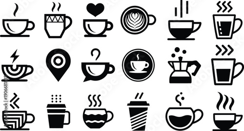 Collection of various coffee cup icons in black and white