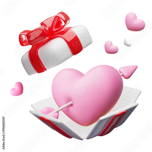 Realistic 3D pink heart pierced by an arrow in white gift box with red ribbon bow. Festive surprise present uncapped box with flying lid and hearts. Render romantic event, Valentine's Day decoration