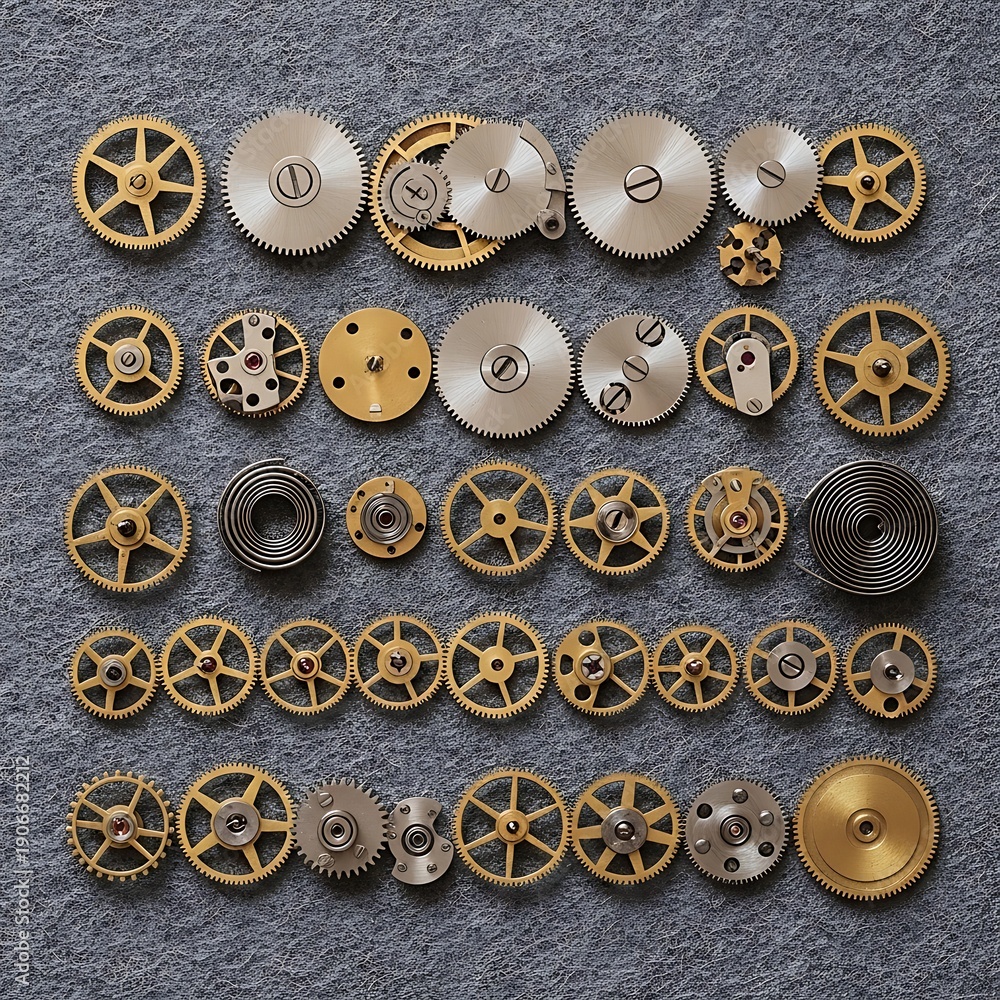 Fototapeta premium A collection of assorted watch gears and mechanical components on a gray surface