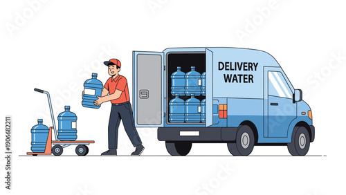 Delivery man in a red uniform loading heavy blue water bottles into the back of a delivery van on a white background.