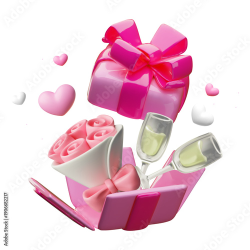 3D pink gift box with rose flowers bouquet and glasses with champagne. Romantic event present, Valentine's Day gift with hearts. Love surprise vector isolated. Realistic volume holiday celebration