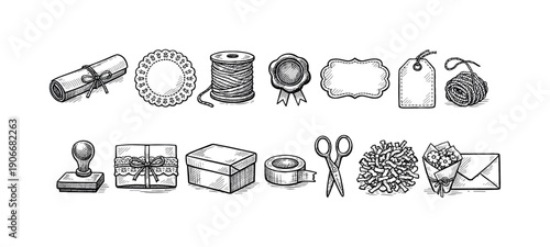 Hand-drawn Gift Wrapping Icon Set. Includes ribbon, seal, tag, scissors, box, stamp, twine, tape, bouquet